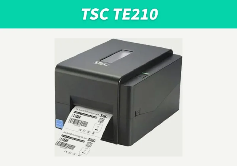 앞쪽으로 바코드 라벨이 나오고 있는 TSC TE210 라벨프린터 제품 사진